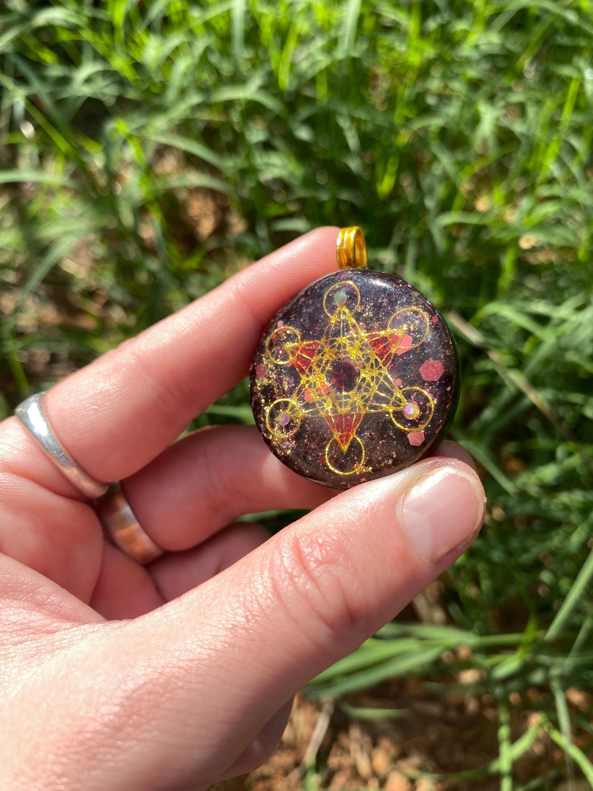 Metatrons Cube. Pendant Necklace. Made w Elite Shungite. Almandine Garnet. 24ct Gold. Tensor Ring. Powerful. EMF Protection. 5G Protection.
