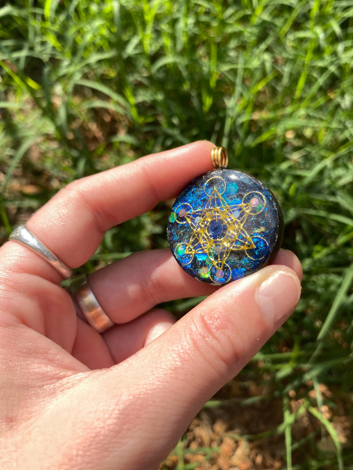 Metatrons Cube. Orgone Pendant Necklace. Made w Elite Shungite, blue kyanite. 24ct Gold Powerful. EMF Protection. 5G Protection. TENSOR RING