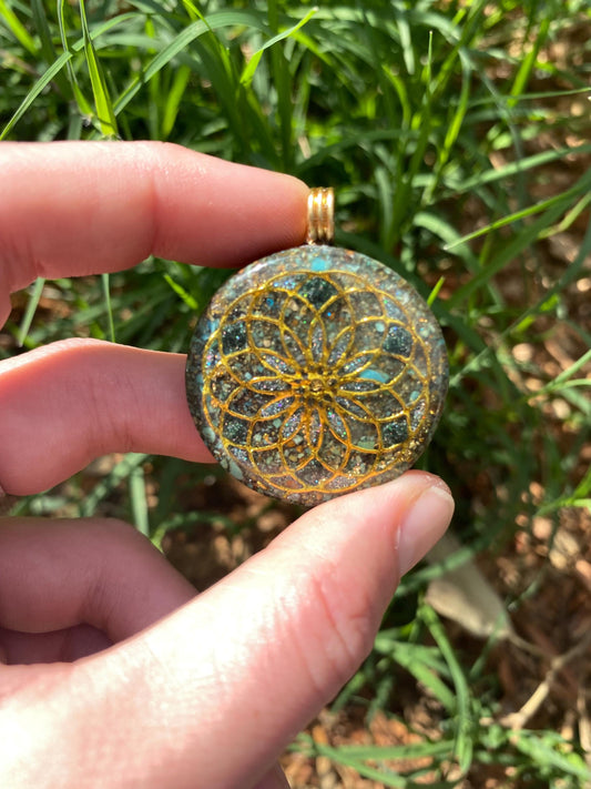 Eternal life lotus, Torus, Orgone Pendant Necklace. Made w Elite Shungite, 25 ct Gold and Turquoise. Tensor Ring. Powerful. EMF Protection.