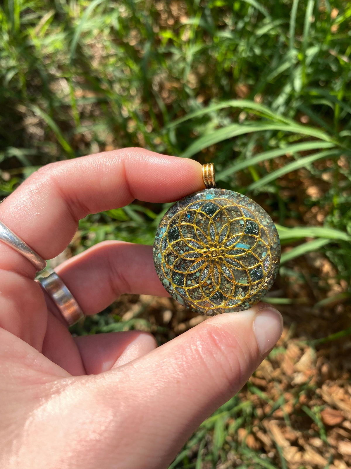 Eternal life lotus, Torus, Orgone Pendant Necklace. Made w Elite Shungite, 25 ct Gold and Turquoise. Tensor Ring. Powerful. EMF Protection.