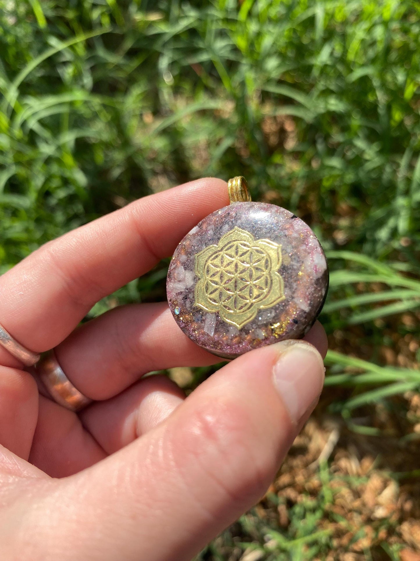 Flower of Life lotus. Orgone Pendant Necklace. Made w Rainbow Moonstone, 24ct gold, Elite Shungite, & Tensor Ring. Powerful. 5G Protection.