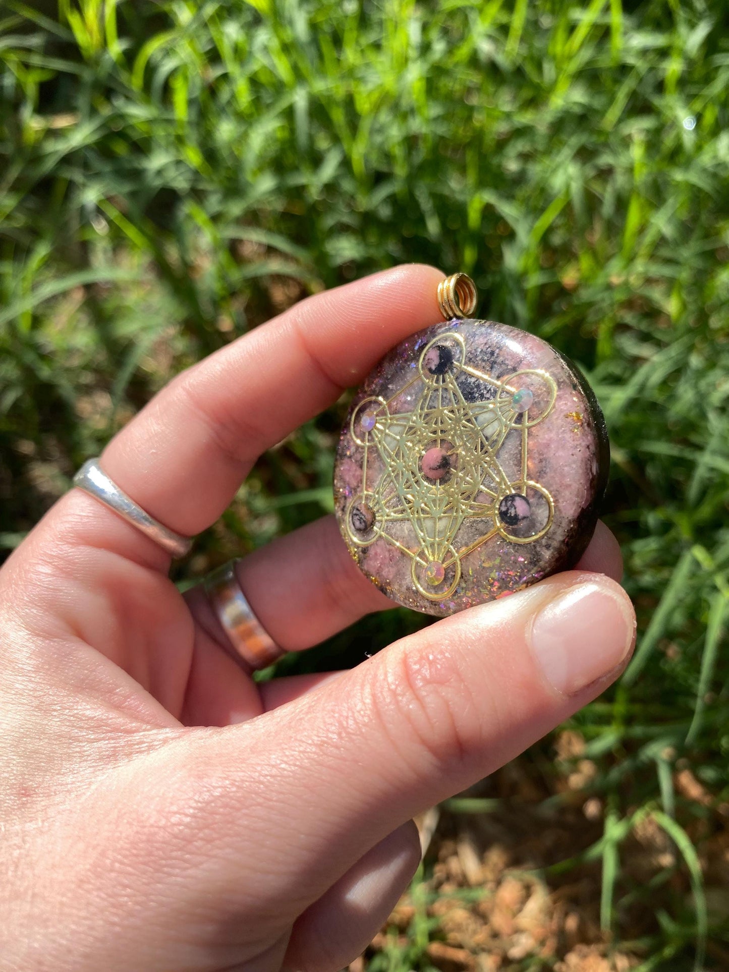 Metatrons Cube, Orgone Pendant Necklace. Made w Elite Shungite, Rhodonite, & Tensor Ring. Powerful. 5G Protection.