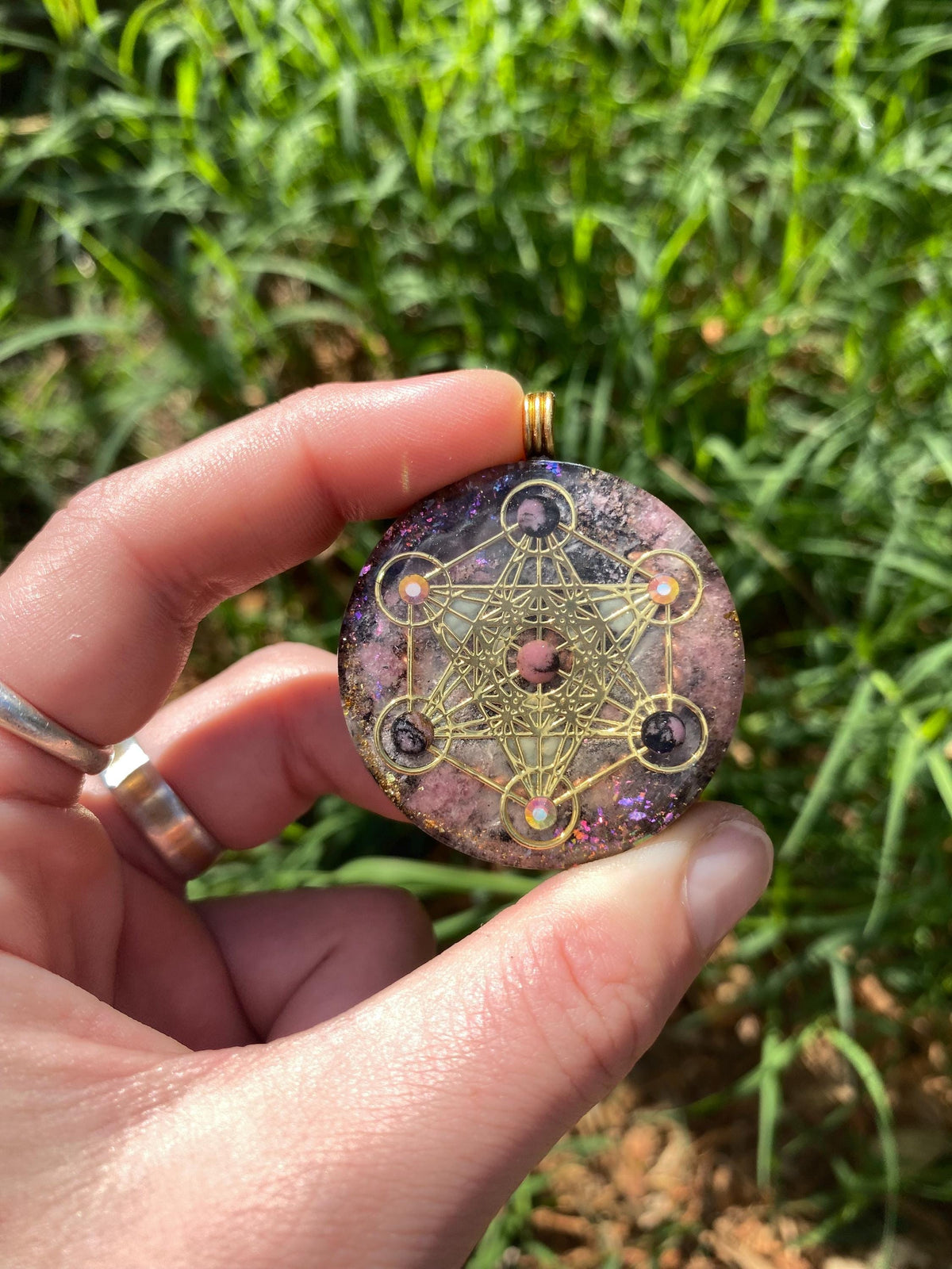 Metatrons Cube, Orgone Pendant Necklace. Made w Elite Shungite, Rhodonite, & Tensor Ring. Powerful. 5G Protection.