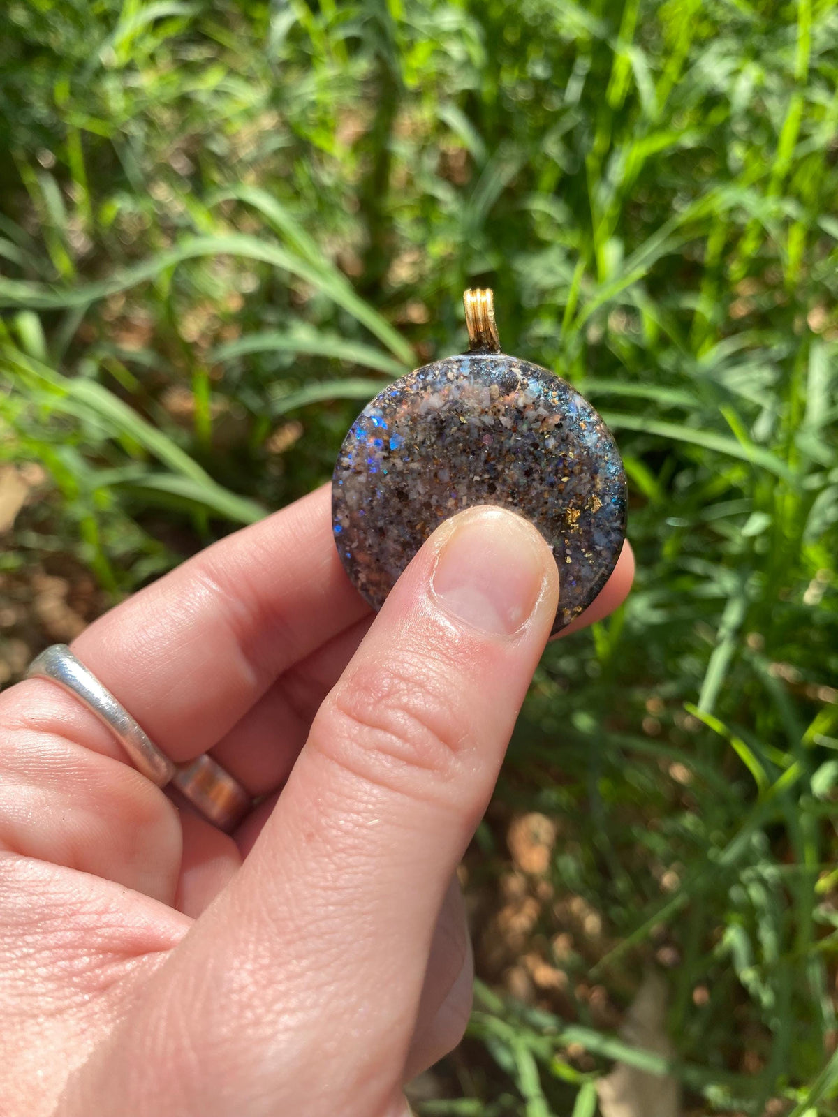 Alien, Orgone Pendant Necklace. Made w Elite Shungite, Lightning Ridge Opal.EMF Protection. TENSOR RING.
