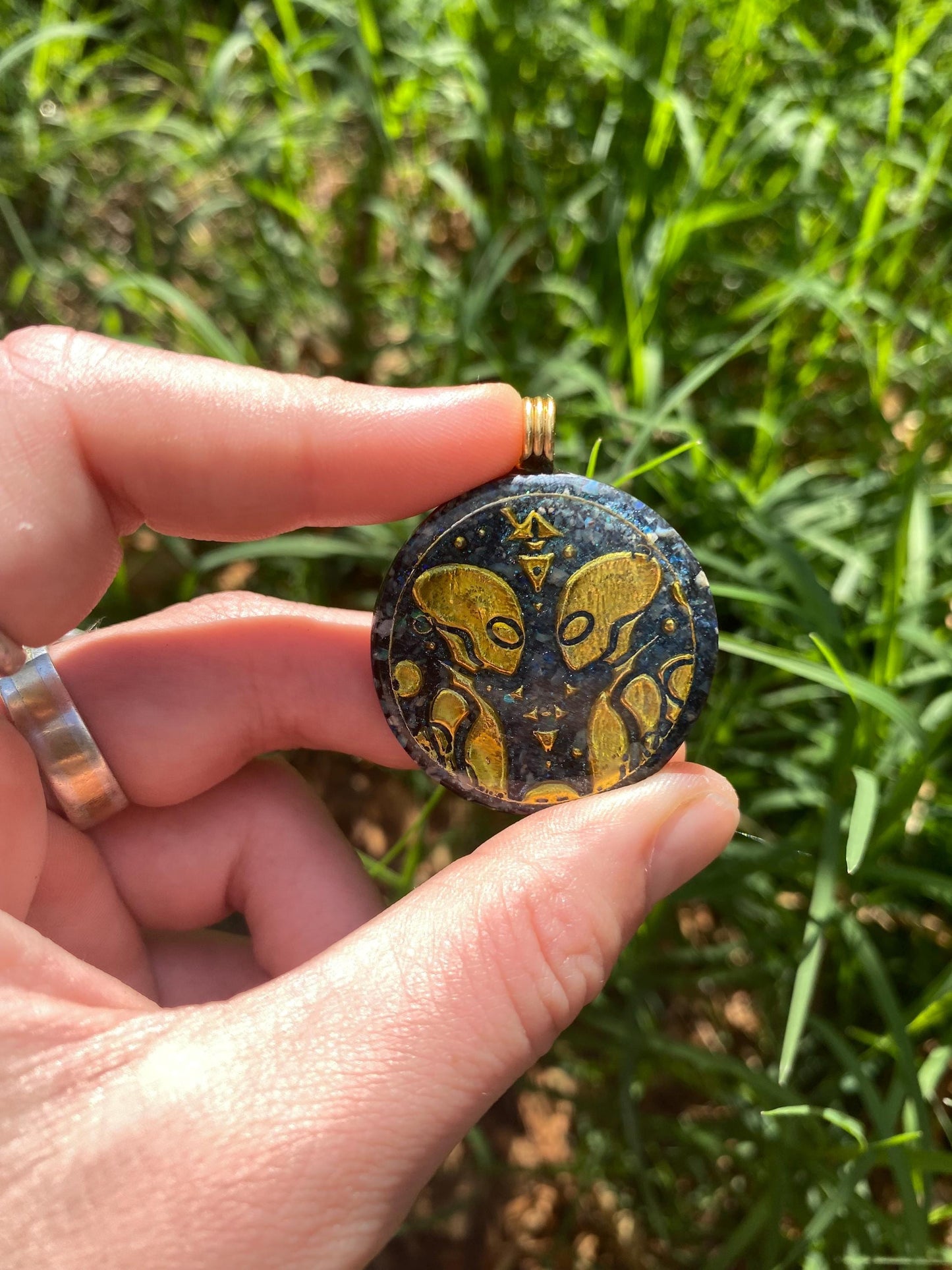 Alien, Orgone Pendant Necklace. Made w Elite Shungite, Lightning Ridge Opal.EMF Protection. TENSOR RING.