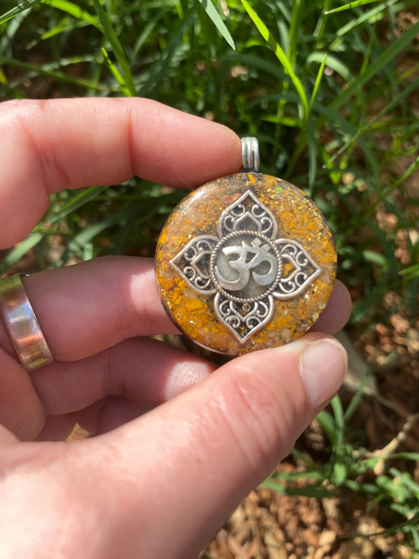 Om Mandala. Orgone Pendant Necklace. Made w Elite Shungite, 24ct Gold and Mookite & Tensor Ring. Powerful. 5G Protection.