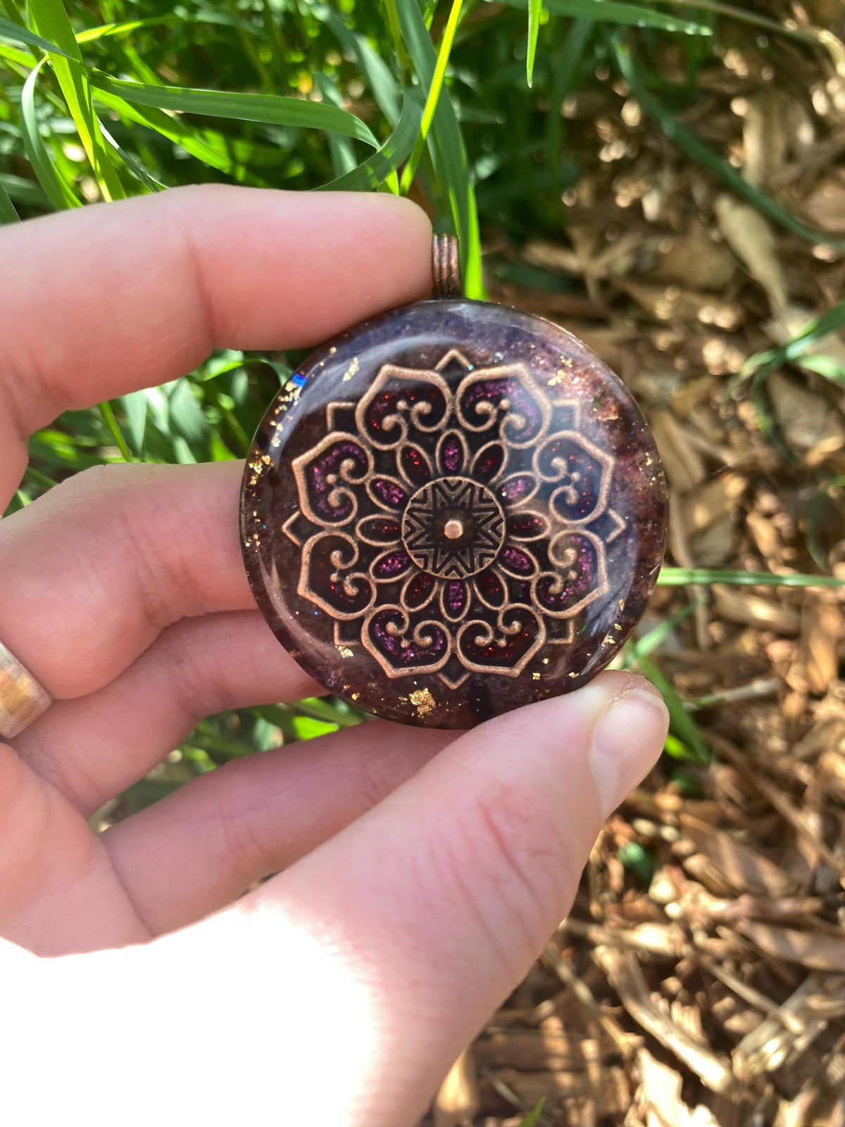 Boho Mandala. Pendant Necklace. Made w Elite Shungite. Almandine Garnet. 24ct Gold. Tensor Ring. Powerful. EMF Protection. 5G Protection.