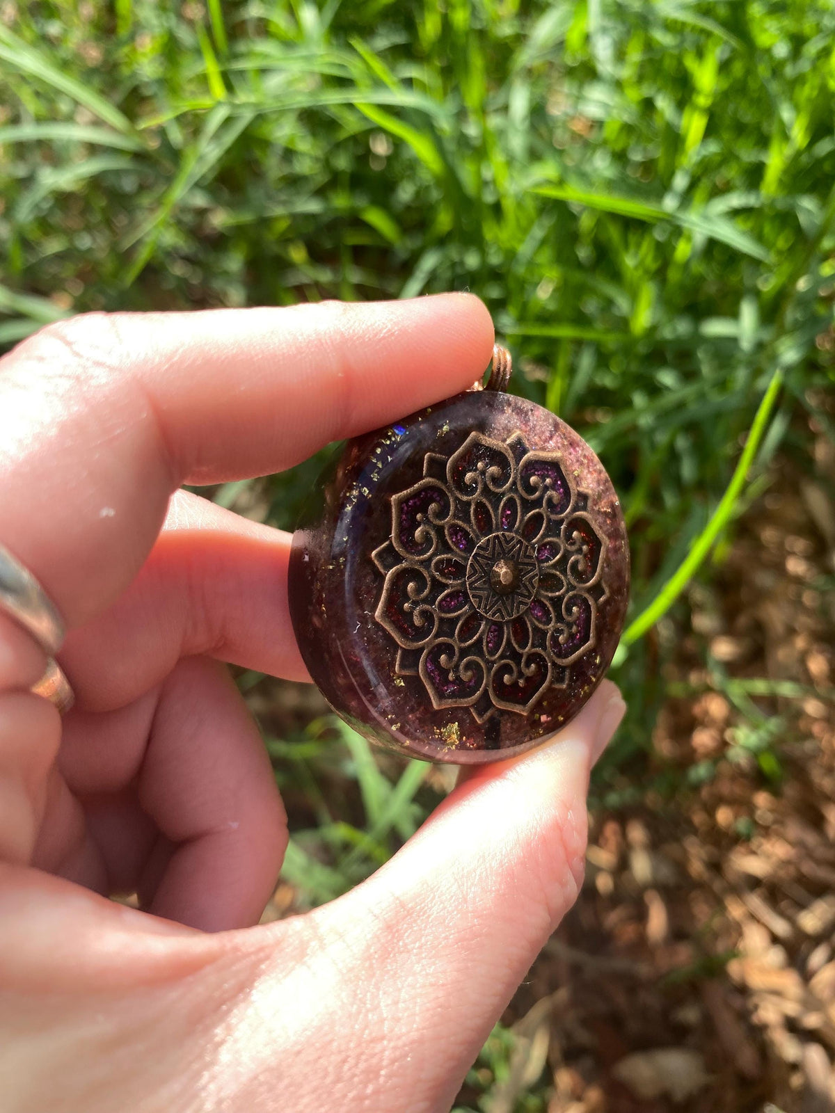 Boho Mandala. Pendant Necklace. Made w Elite Shungite. Almandine Garnet. 24ct Gold. Tensor Ring. Powerful. EMF Protection. 5G Protection.