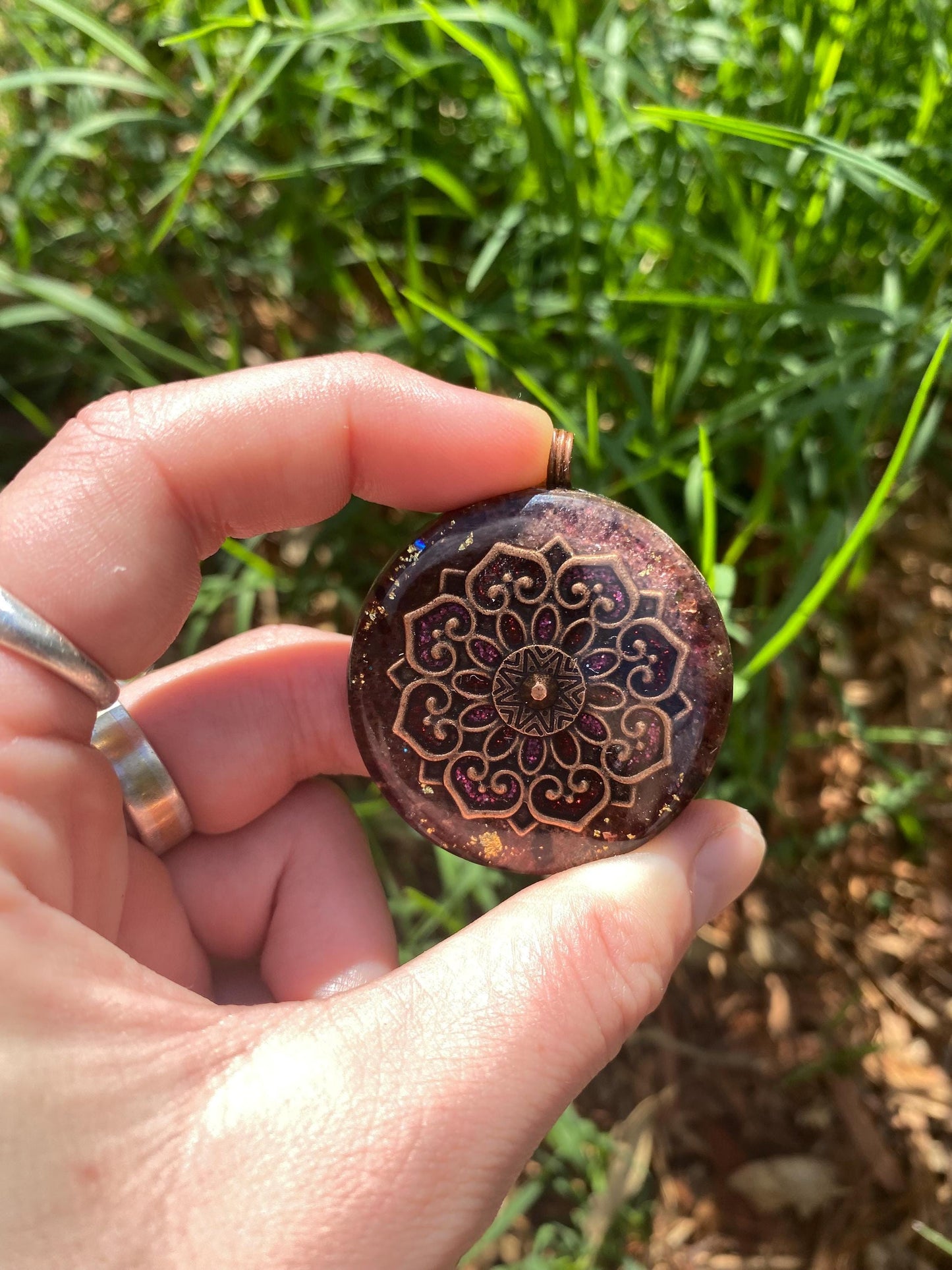 Boho Mandala. Pendant Necklace. Made w Elite Shungite. Almandine Garnet. 24ct Gold. Tensor Ring. Powerful. EMF Protection. 5G Protection.