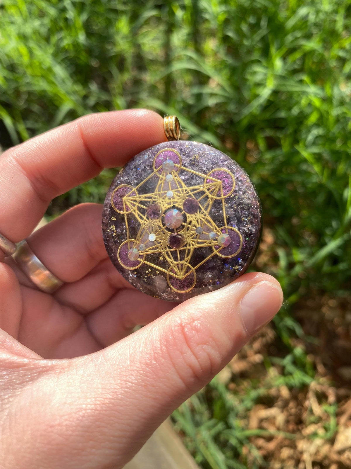 Metatrons Cube, Orgonite Pendant: Shungite, Amethyst, 24ct Gold and Tensor Ring EMF Protection