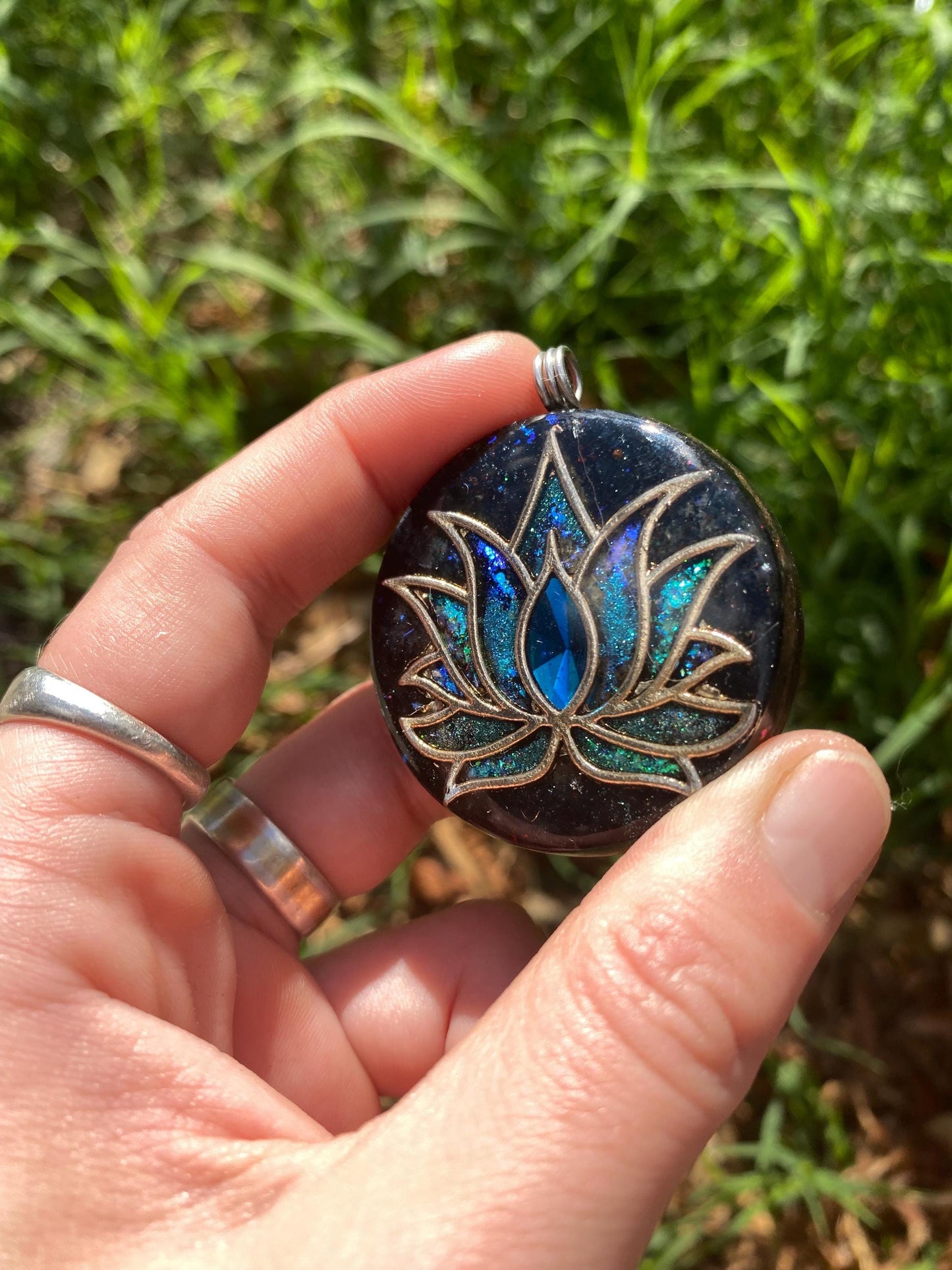 Lotus. Orgone Pendant Necklace. Made w Elite Shungite, Vivianite & Tensor Ring. Powerful. 5G Protection