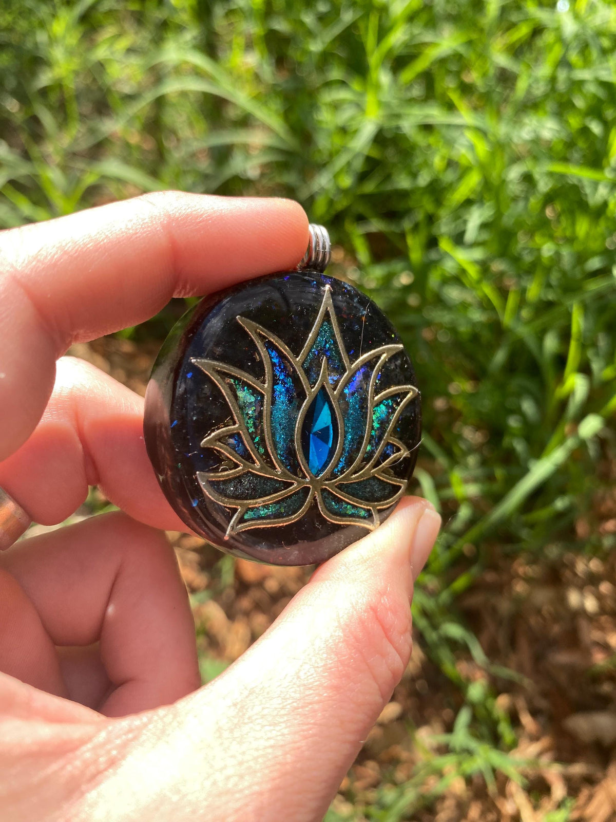 Lotus. Orgone Pendant Necklace. Made w Elite Shungite, Vivianite & Tensor Ring. Powerful. 5G Protection