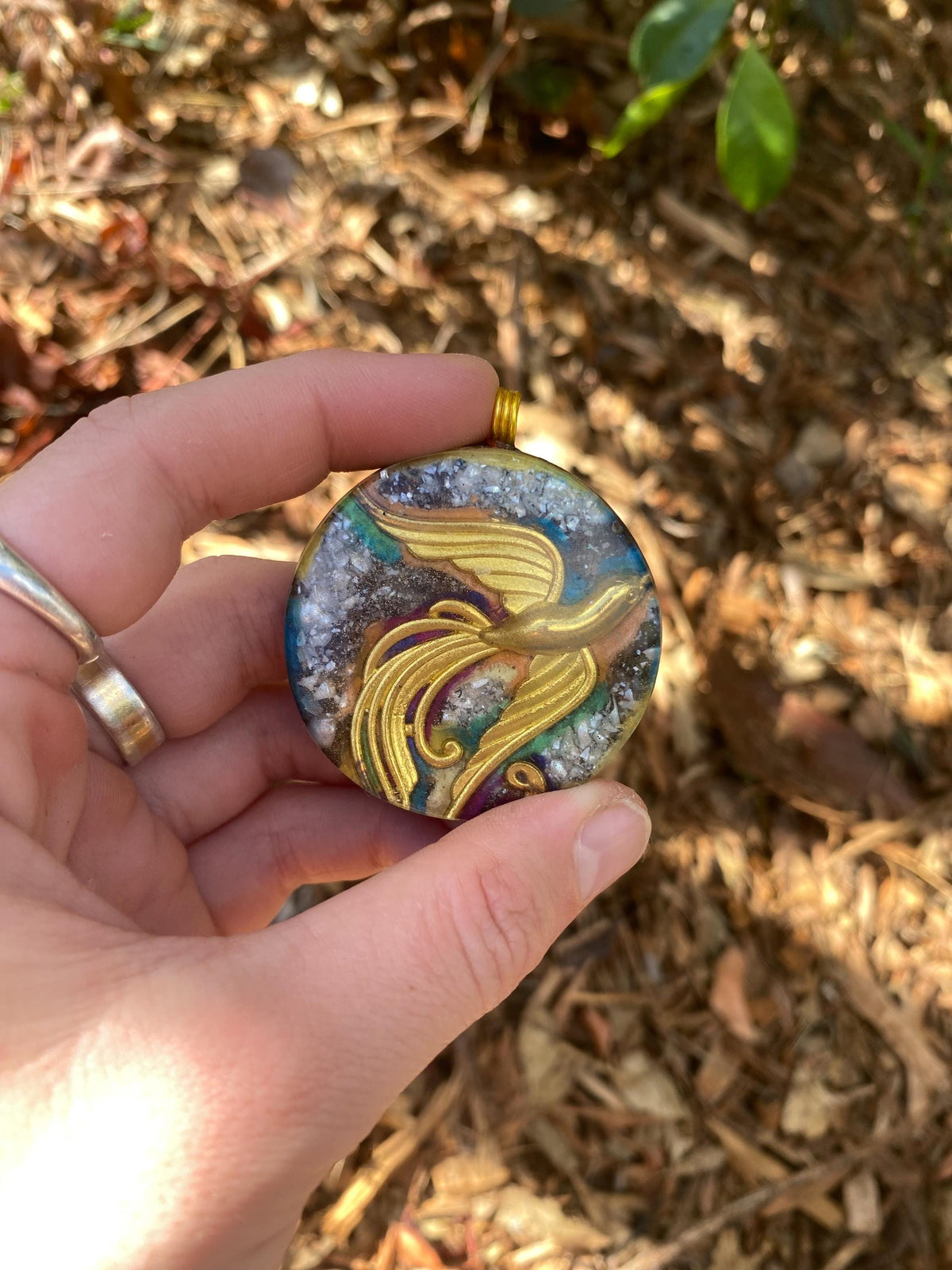 Pheonix Pendant Necklace. Made w Elite Shungite, Selenite and Pearl. Powerful. EMF Protection. 5G Protection. TENSOR RING