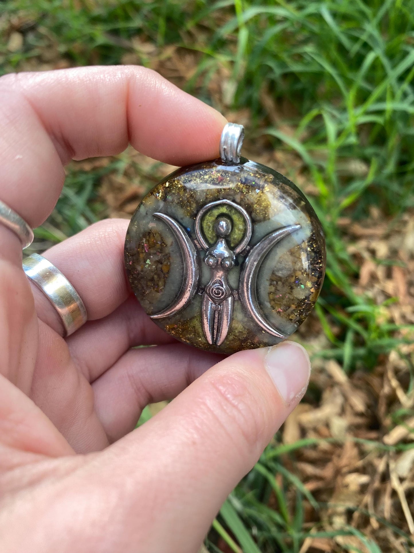 Triple Moon Goddess Deity, Orgone Pendant Necklace. Made w Elite Shungite, 24ct Gold. Yellow Aventurine & Tensor Ring. 5G Protection.