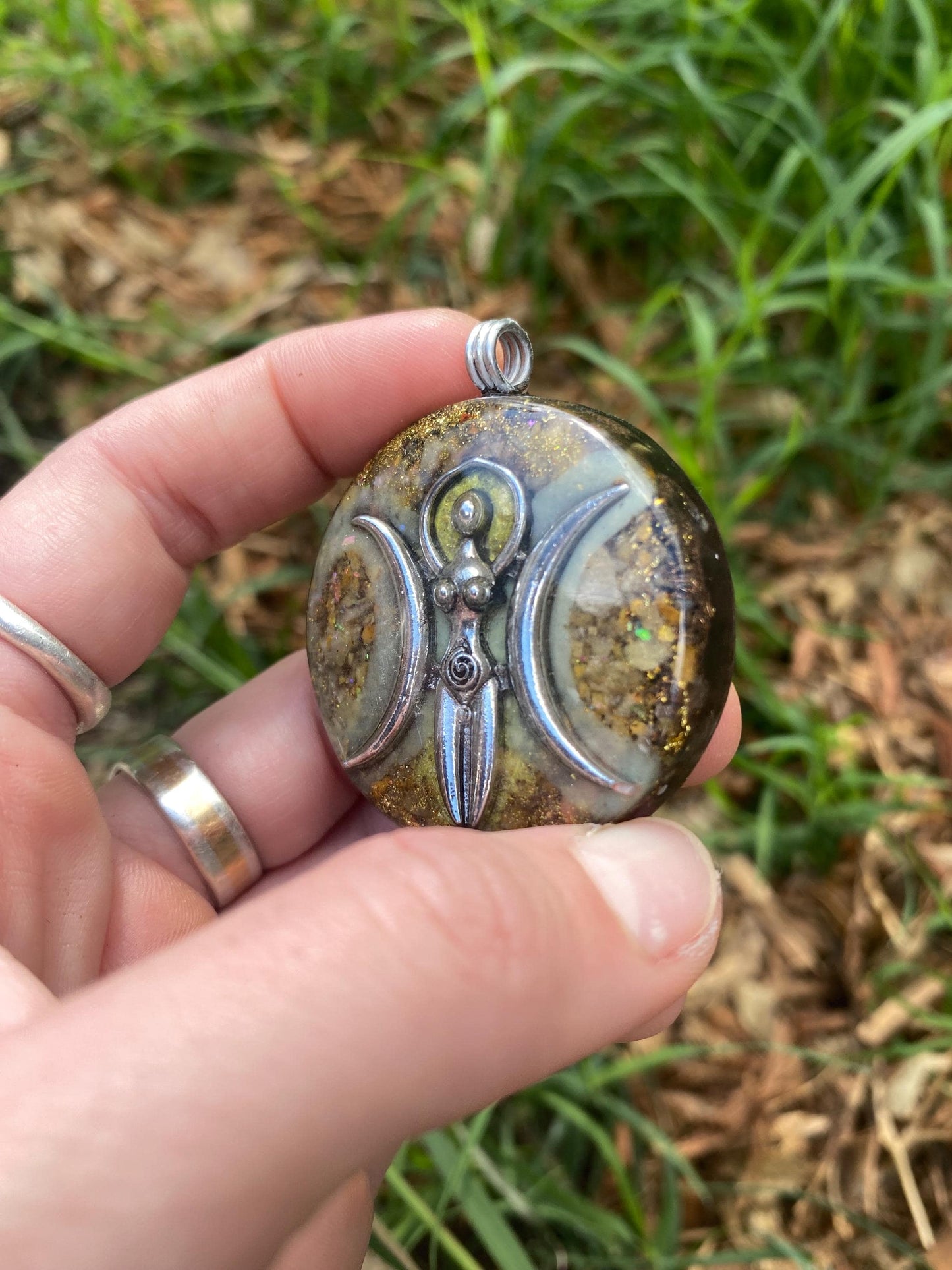 Triple Moon Goddess Deity, Orgone Pendant Necklace. Made w Elite Shungite, 24ct Gold. Yellow Aventurine & Tensor Ring. 5G Protection.