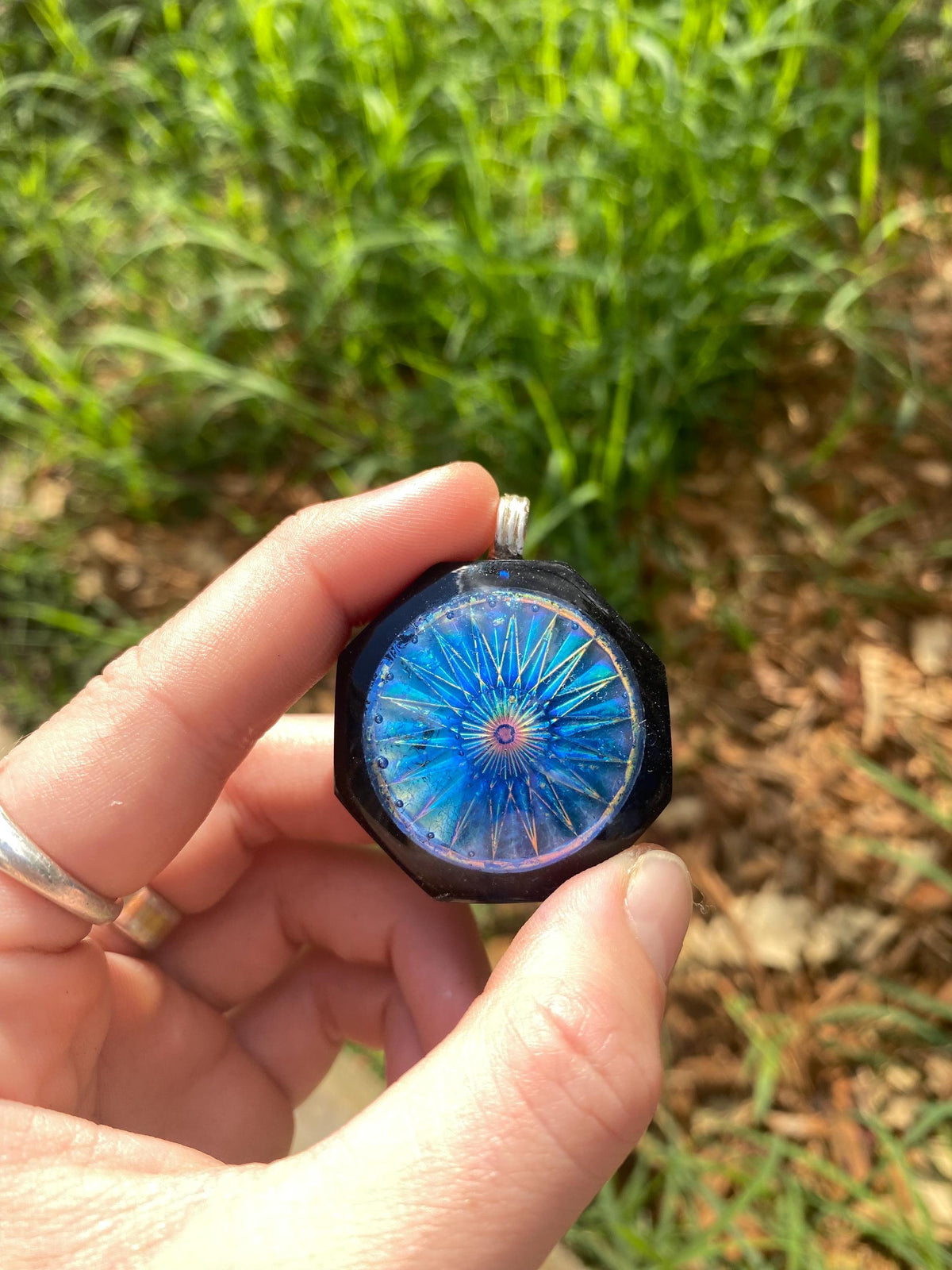 Holographic Mandala. Pendant Necklace. Made w Elite Shungite, Selenite and Mica. Powerful. EMF Protection. 5G Protection. TENSOR RING