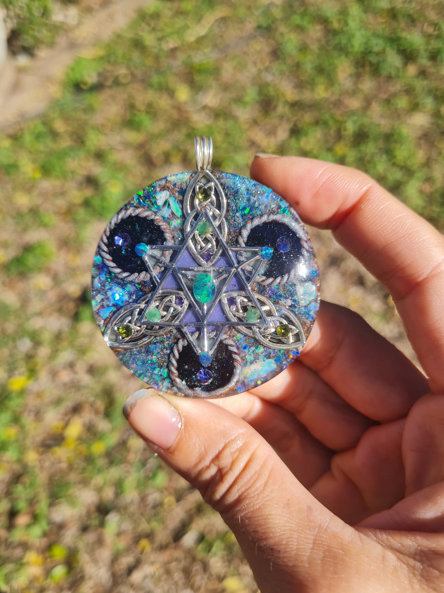 Moldavite and opal orgonite pendant