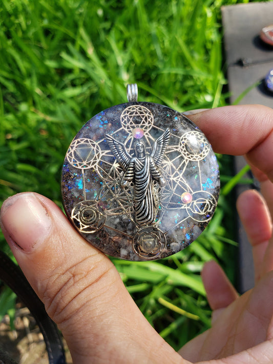 Arch angel on metatrons cube Orgone Pendant Necklace. Made w Aquamarine, Elite Shungite & Tensor Ring. EMF Protection. 5G Protection.