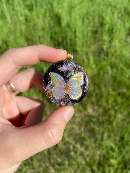 Butterfly, Orgone Pendant Necklace. Made w Elite Shungite, 24ct Gold, Kammererite & Tensor Ring. Powerful. 5G Protection.
