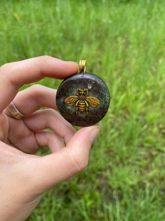 Bee, Orgone Pendant Necklace. Made w Elite Shungite, Labradorite, & Tensor Ring. Powerful. 5G Protection. Glow in the dark